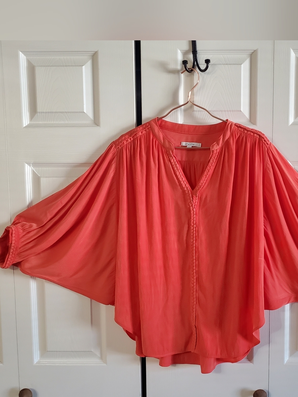 Chico's Coral-Orange Batwing V-Neck Blouse
